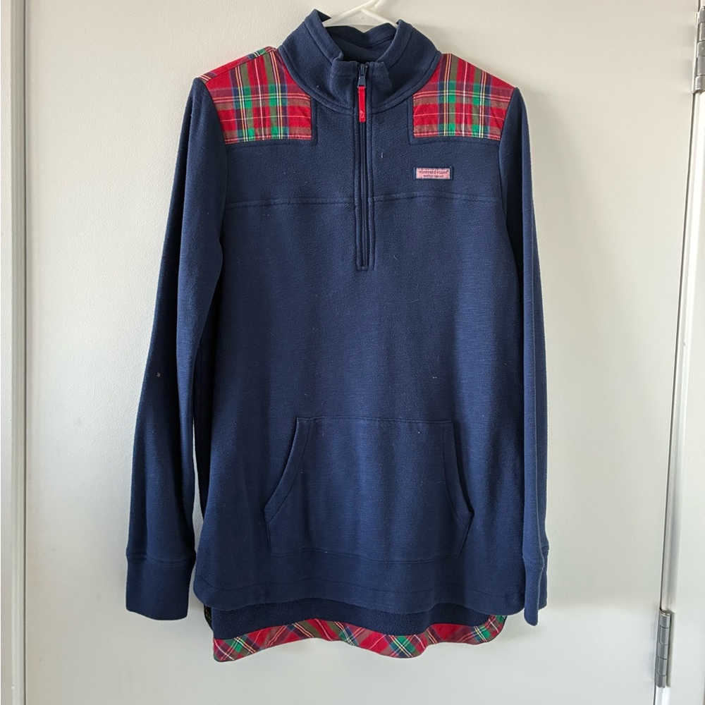 Vineyard Vines Blue Pullover with Red Plaid Details